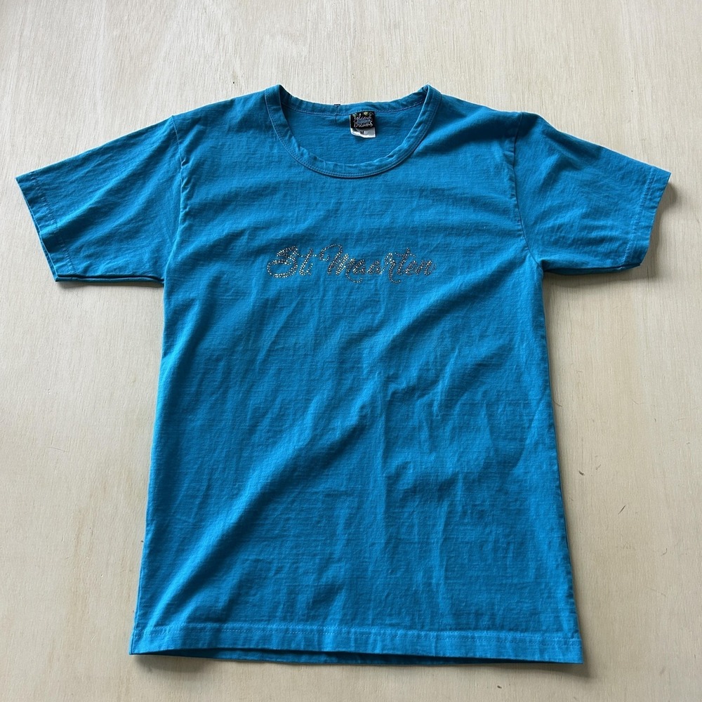 Y2K Island Dreams Shirt Women Medium Blue Rhinestone St Maarten Souvenir T-Shirt